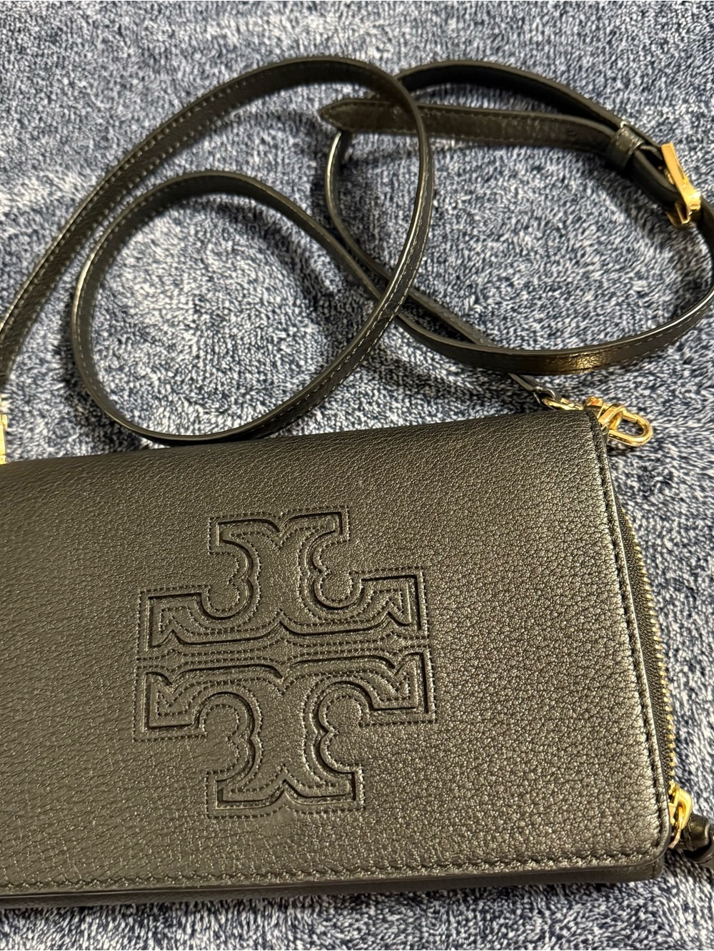 Tory Burch Black Leather Embossed Logo Crossbody Wallet